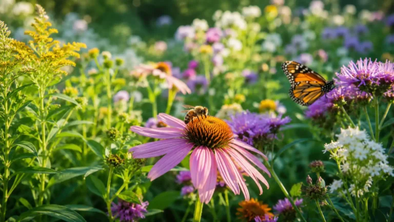 Fleurs, nature et biodiversité dans une prairie fleurie naturelle avec abeille et papillon pollinisateurs