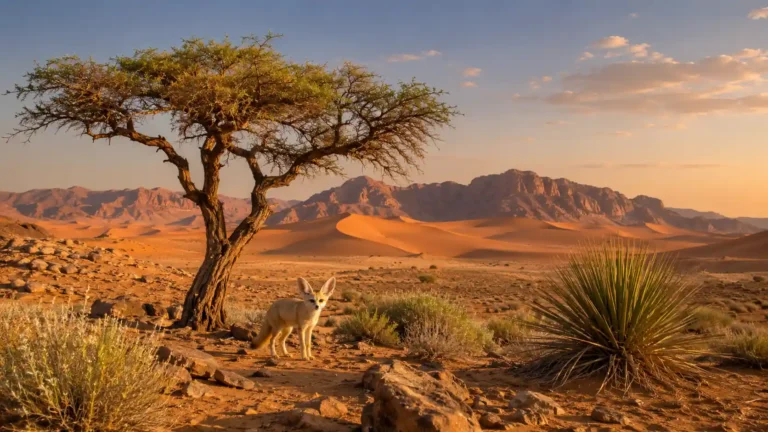 Sahara, climat et biodiversité dans un paysage désertique avec fennec, dunes et végétation aride au coucher du soleil