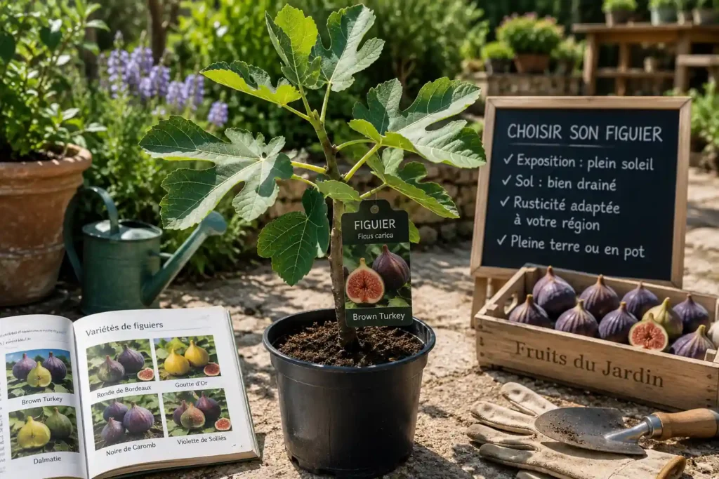 Jeune figuier en pot dans un jardin ensoleillé avec figues mûres et outils de plantation.