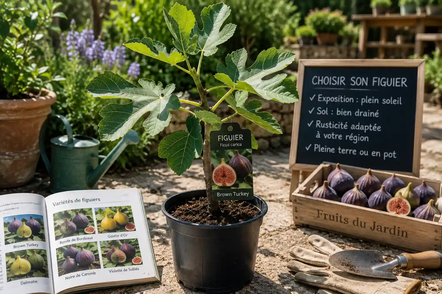 Jeune figuier en pot dans un jardin ensoleillé avec figues mûres et outils de plantation.