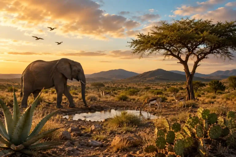 Adaptation du vivant au climat dans un écosystème aride où la faune et la flore résistent aux conditions climatiques extrêmes au coucher du soleil