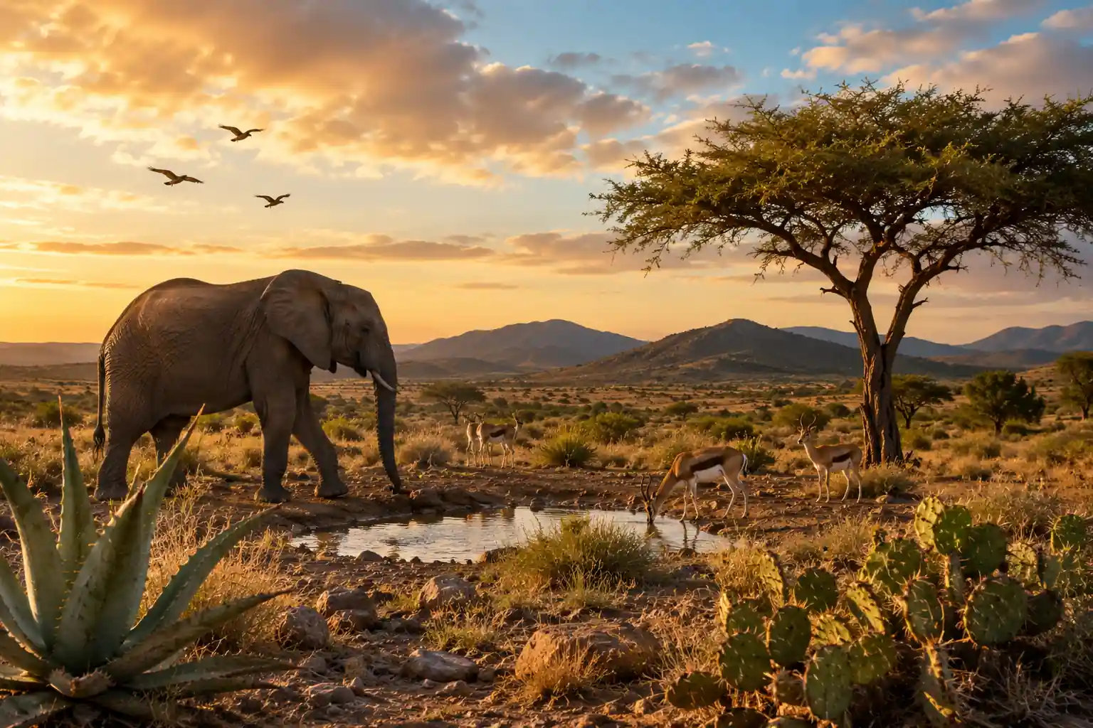 Adaptation du vivant au climat dans un écosystème aride où la faune et la flore résistent aux conditions climatiques extrêmes au coucher du soleil