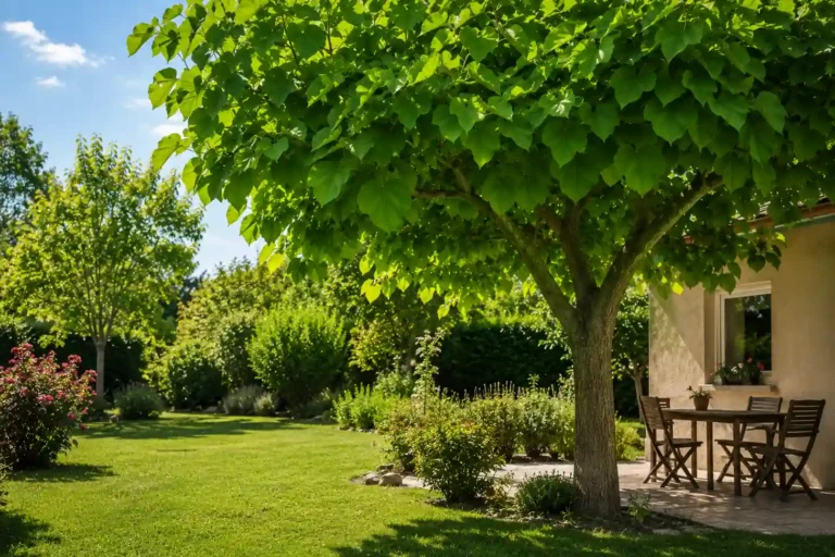 Grand arbre d’ombrage dans un jardin ensoleillé avec terrasse protégée du soleil et pelouse verte.