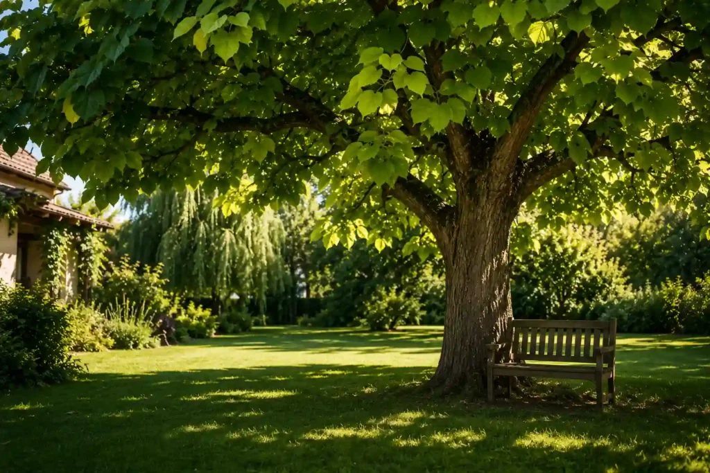 Grand arbre à croissance rapide dans un jardin résidentiel ensoleillé offrant une zone d’ombre naturelle avec pelouse verte et aménagement paysager.