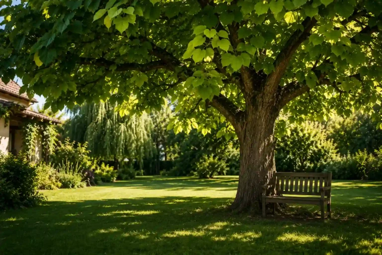 Grand arbre à croissance rapide dans un jardin résidentiel ensoleillé offrant une zone d’ombre naturelle avec pelouse verte et aménagement paysager.