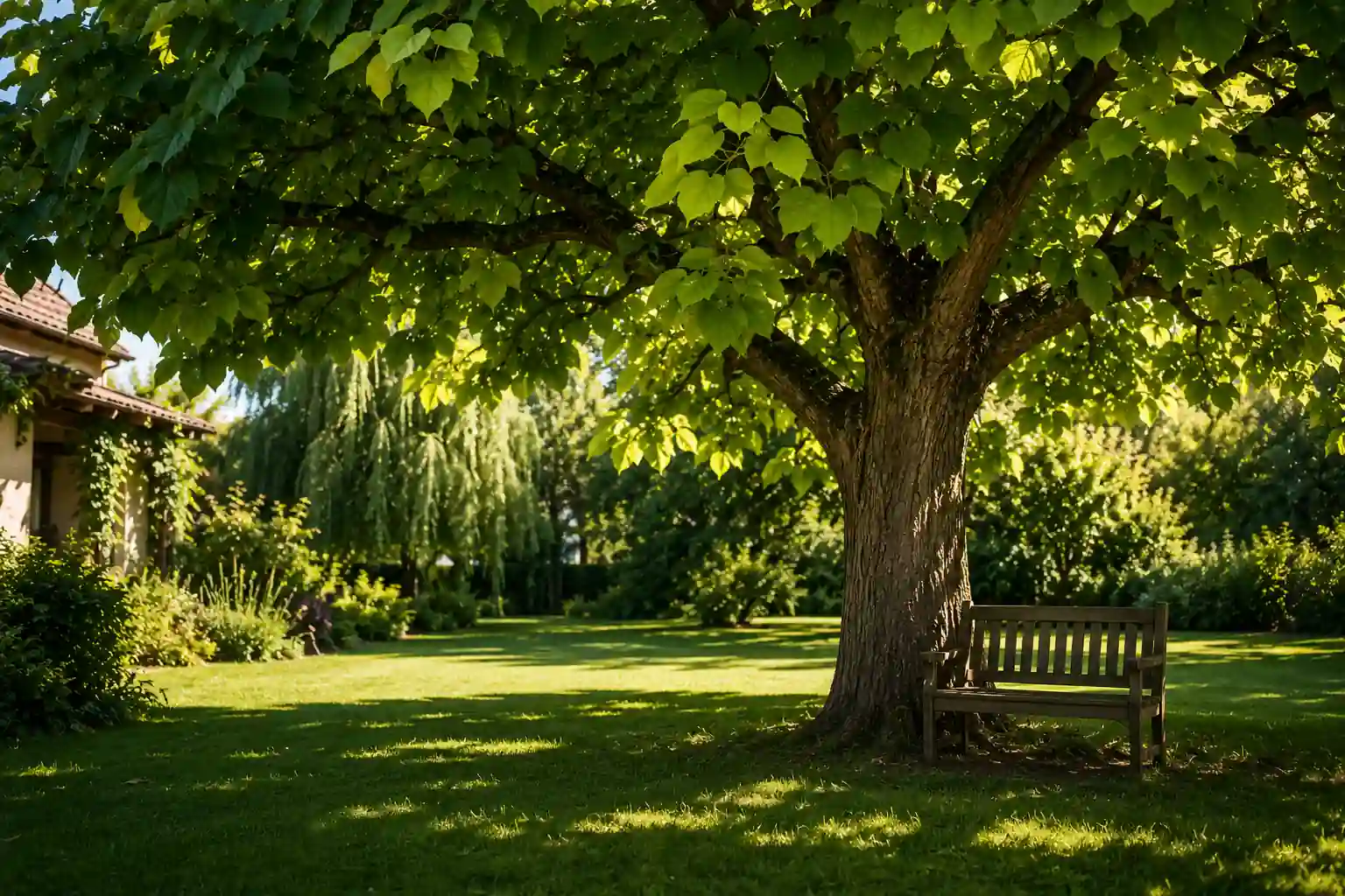 Grand arbre à croissance rapide dans un jardin résidentiel ensoleillé offrant une zone d’ombre naturelle avec pelouse verte et aménagement paysager.