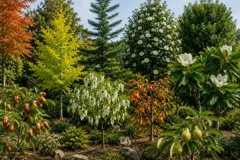 Collection d’arbres rares et fruitiers anciens dans un jardin paysager, avec feuillages originaux, floraisons remarquables et fruits peu communs dans un environnement naturel et lumineux.