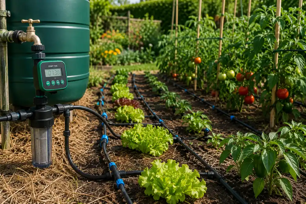 Système d’arrosage goutte à goutte installé dans un potager avec tomates, salades et récupérateur d’eau de pluie alimentant les lignes d’irrigation.