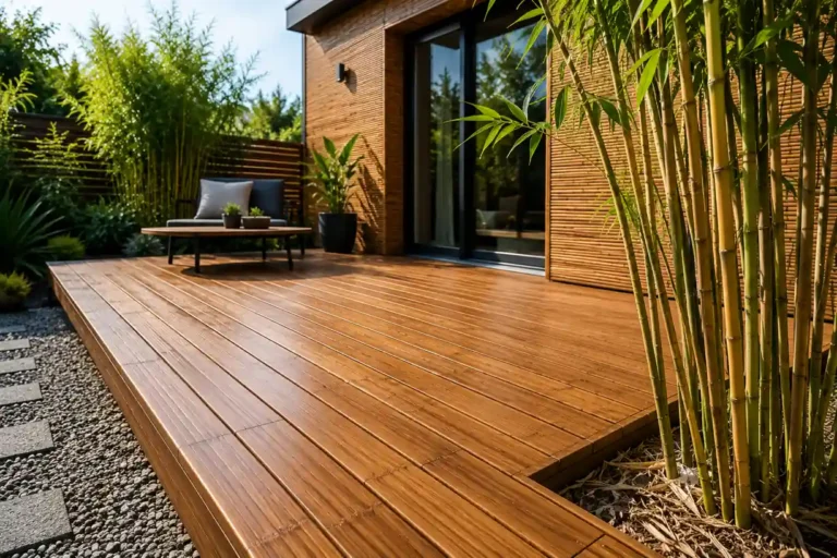 Terrasse extérieure moderne en bambou thermotraité avec bardage en bambou et végétation luxuriante dans un jardin contemporain ensoleillé.