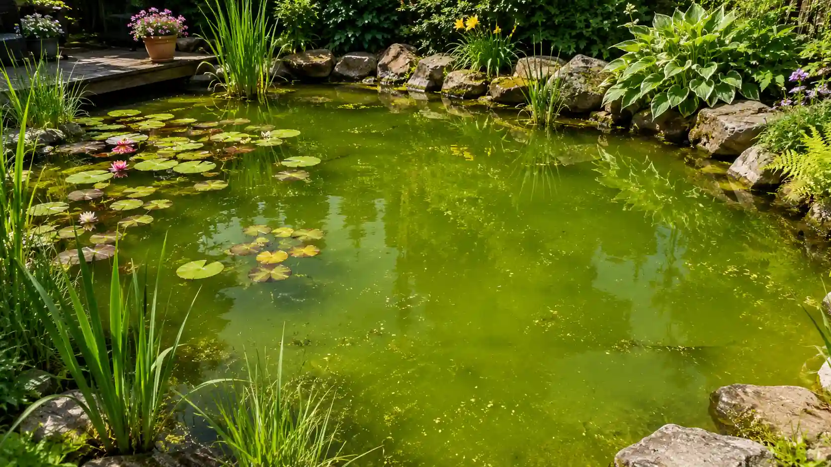 Bassin de jardin avec eau verte due à une prolifération d’algues microscopiques, entouré de plantes aquatiques, nénuphars et pierres naturelles