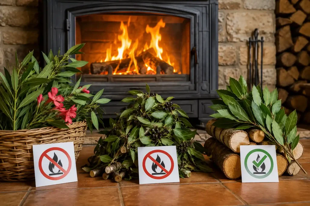 Bois de laurier devant une cheminée avec comparaison visuelle entre essences de laurier à éviter et bois pouvant être utilisé en chauffage domestique.