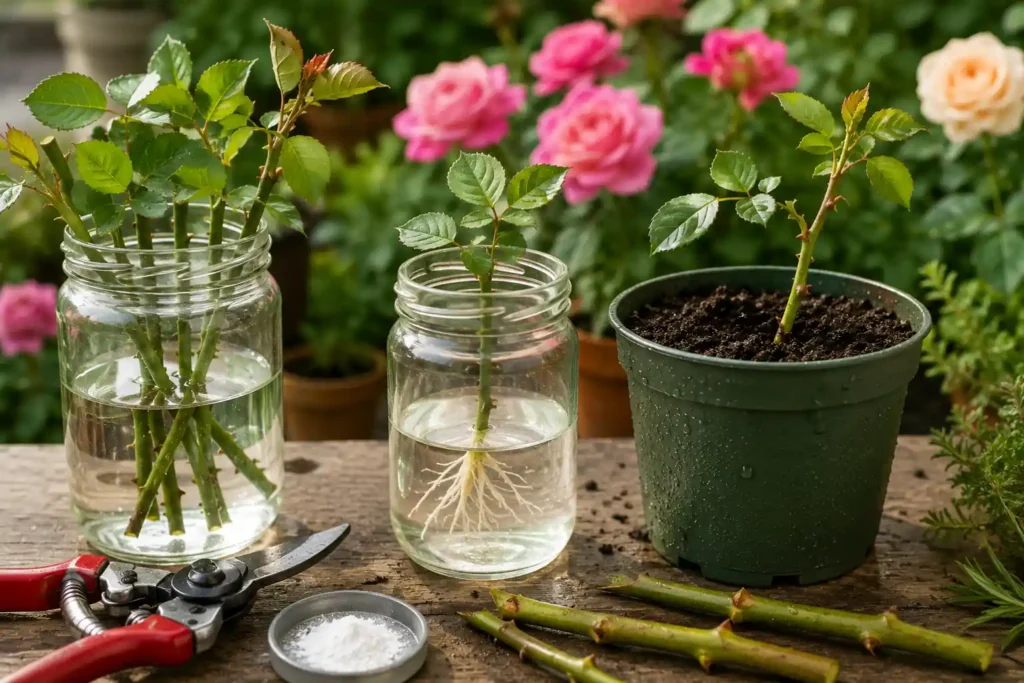 Bouture de rosier dans l’eau avec apparition des racines dans un bocal en verre avant repiquage en pot au jardin.