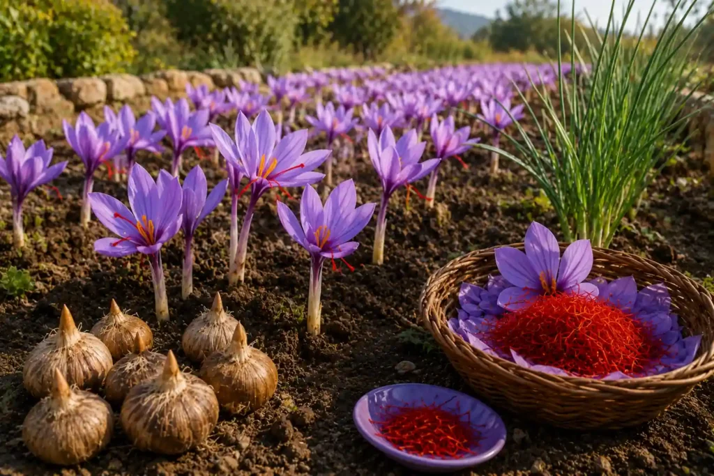 Bulbes de safran et fleurs de Crocus sativus en floraison dans une safranière au soleil, avec récolte de stigmates rouges au premier plan.