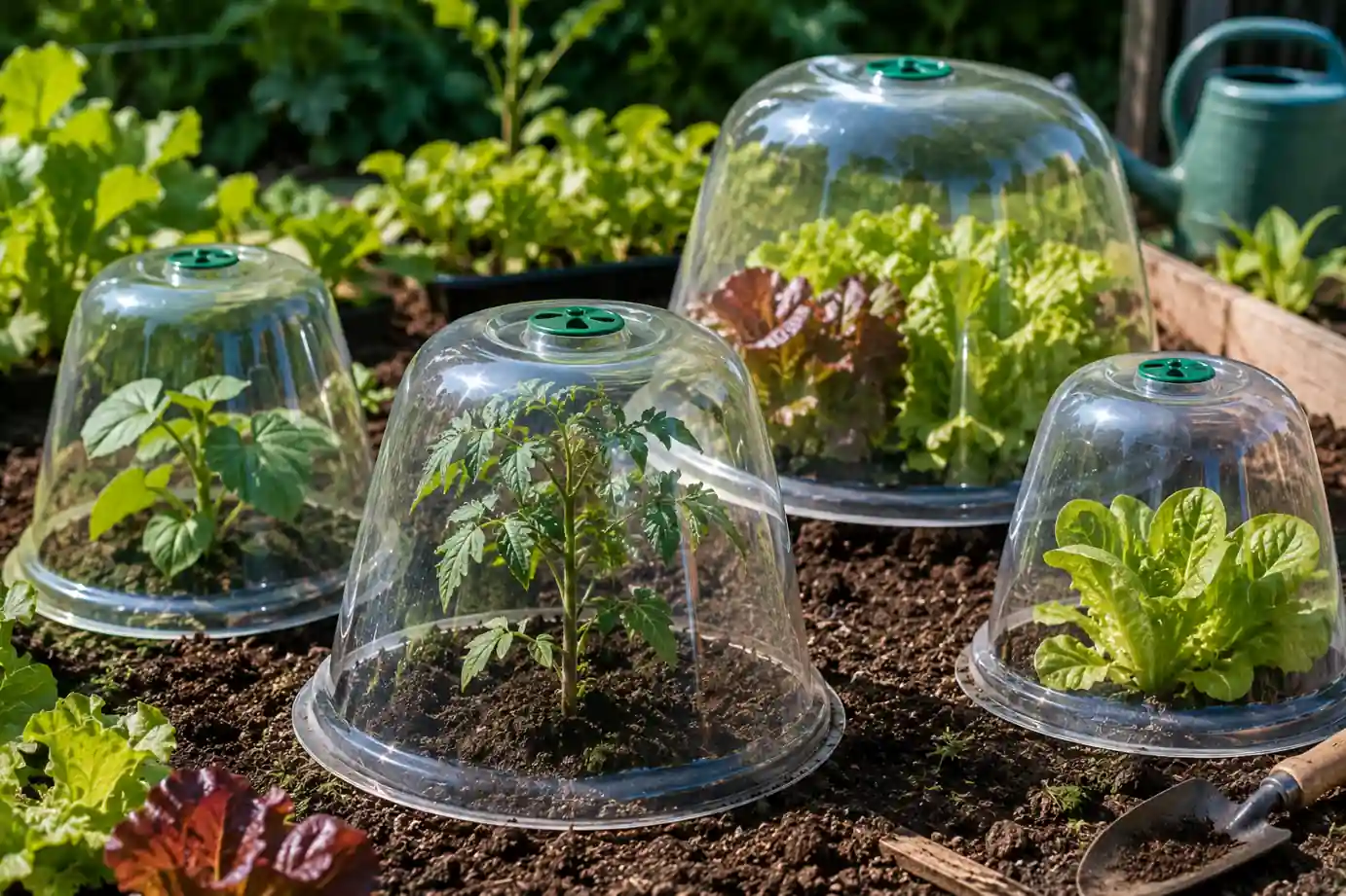 Cloches potagères transparentes protégeant de jeunes plants de salade, tomate et légumes dans un potager ensoleillé au printemps.