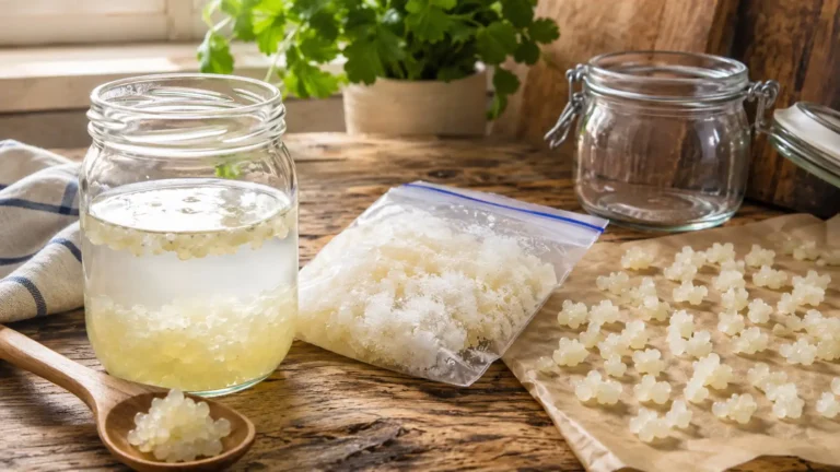 Grains de kéfir conservés dans un bocal et préparés sur du papier sulfurisé avec un sachet de congélation dans une cuisine lumineuse.