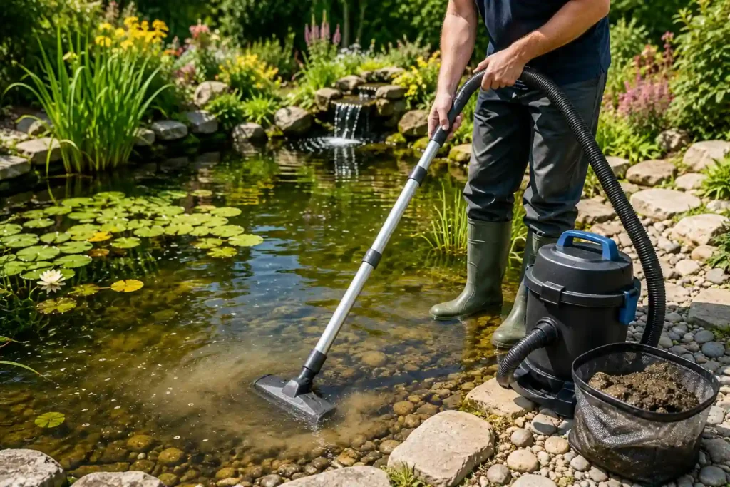 Comment enlever la vase d'un bassin sans le vider à l’aide d’un aspirateur de bassin dans un jardin avec poissons, plantes aquatiques et eau claire