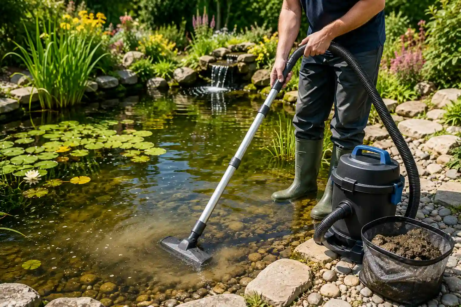 Comment enlever la vase d'un bassin sans le vider à l’aide d’un aspirateur de bassin dans un jardin avec poissons, plantes aquatiques et eau claire
