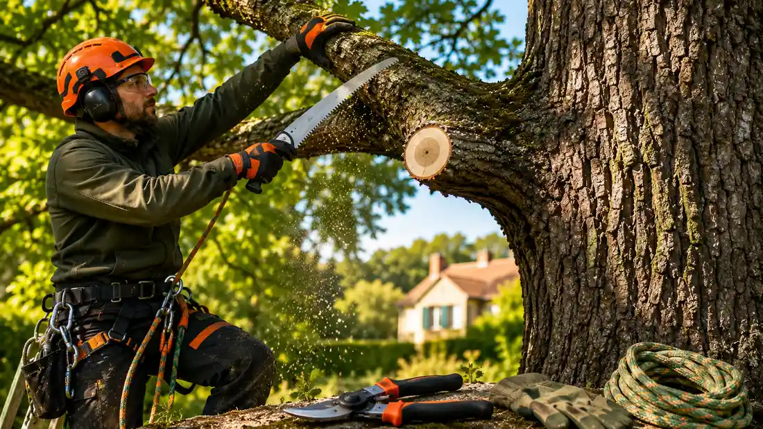 Élagueur équipé taillant une branche de chêne adulte avec une scie dans un jardin ensoleillé.
