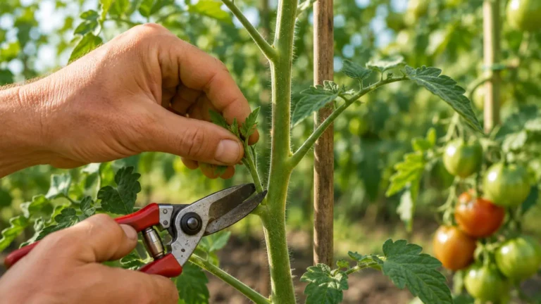 Main de jardinier taillant un gourmand sur un plant de tomates tuteuré dans un potager ensoleillé.