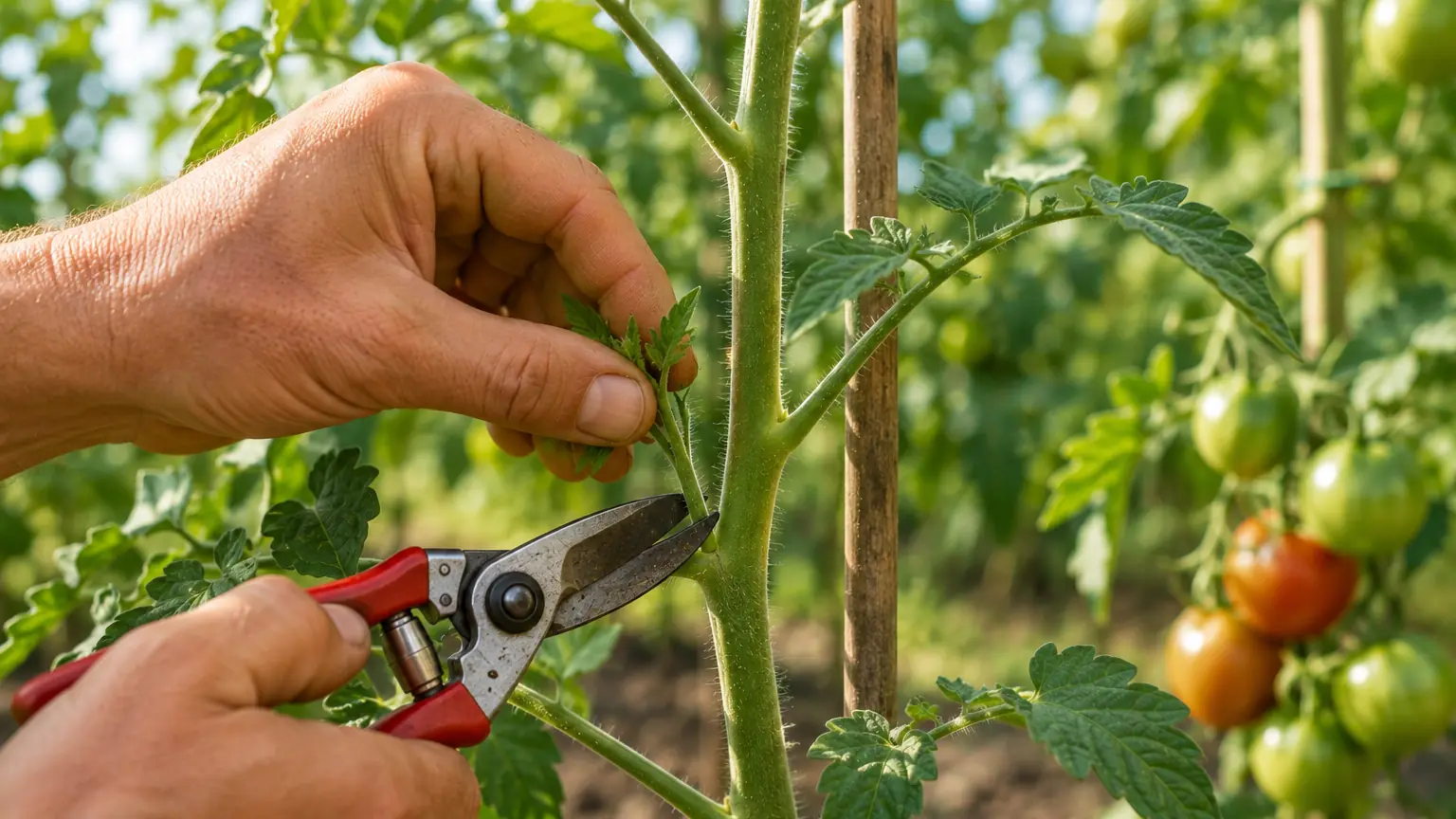 Main de jardinier taillant un gourmand sur un plant de tomates tuteuré dans un potager ensoleillé.