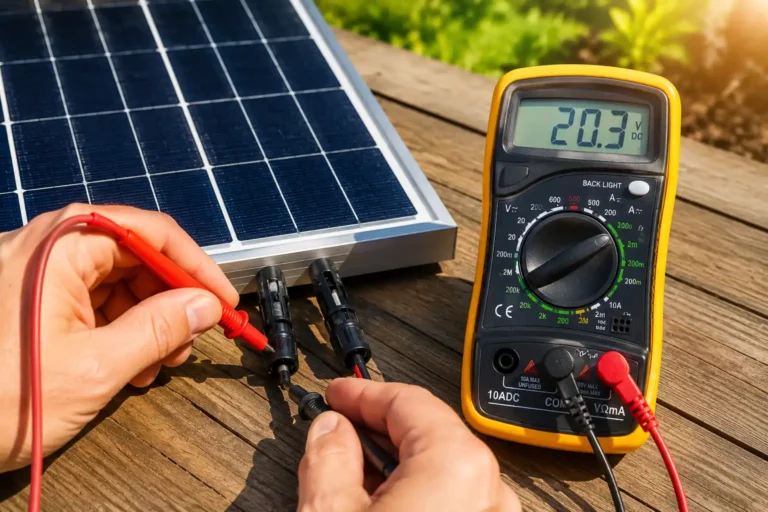 Comment tester un panneau solaire 12V avec un multimètre en mesurant la tension d’un panneau photovoltaïque en plein soleil