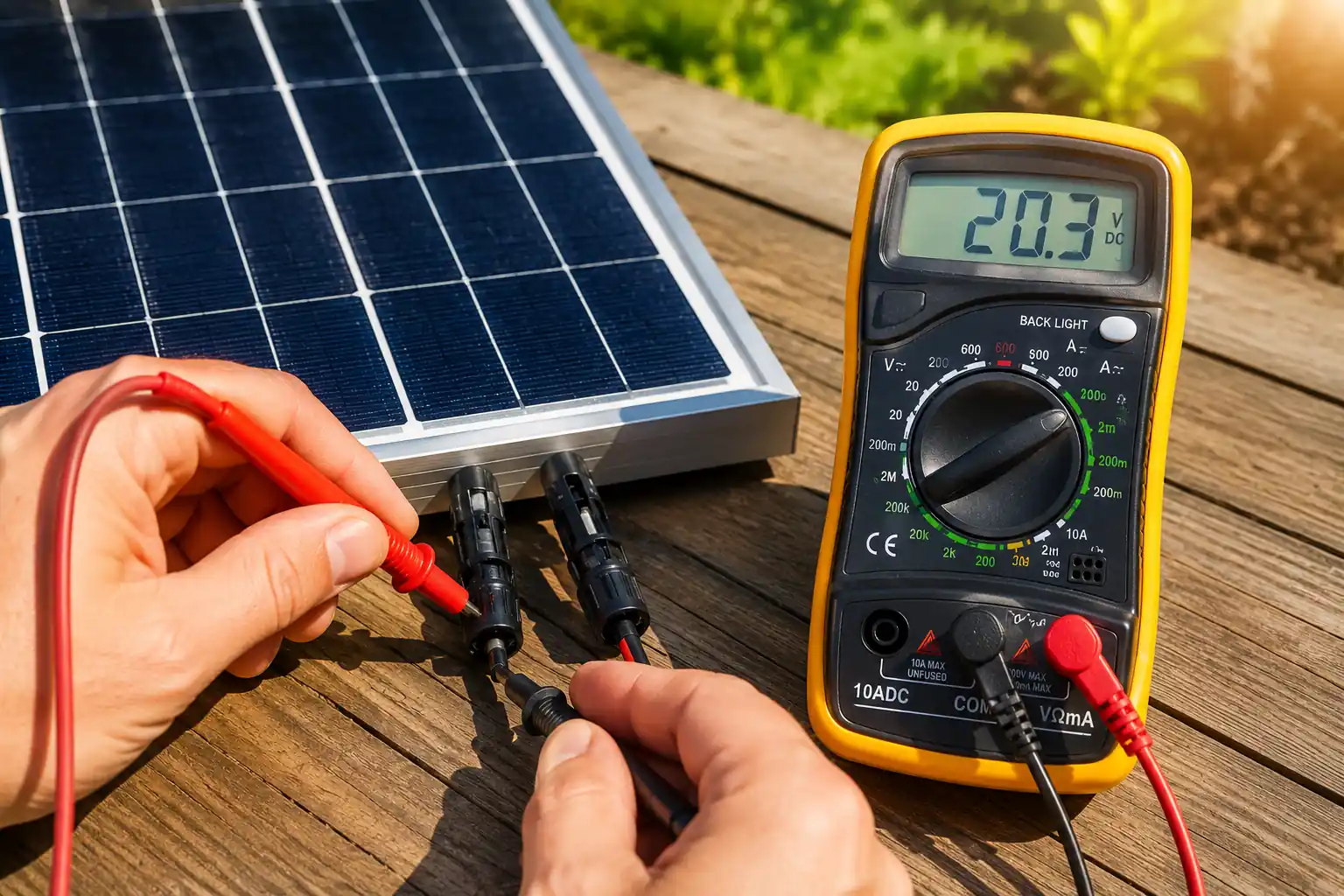 Comment tester un panneau solaire 12V avec un multimètre en mesurant la tension d’un panneau photovoltaïque en plein soleil