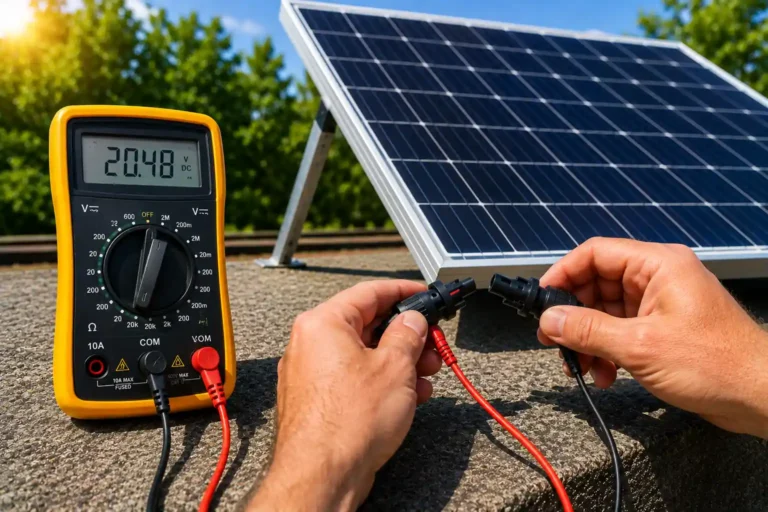 Technicien testant un panneau solaire avec un multimètre en plein soleil pour vérifier la tension et le fonctionnement du système photovoltaïque.