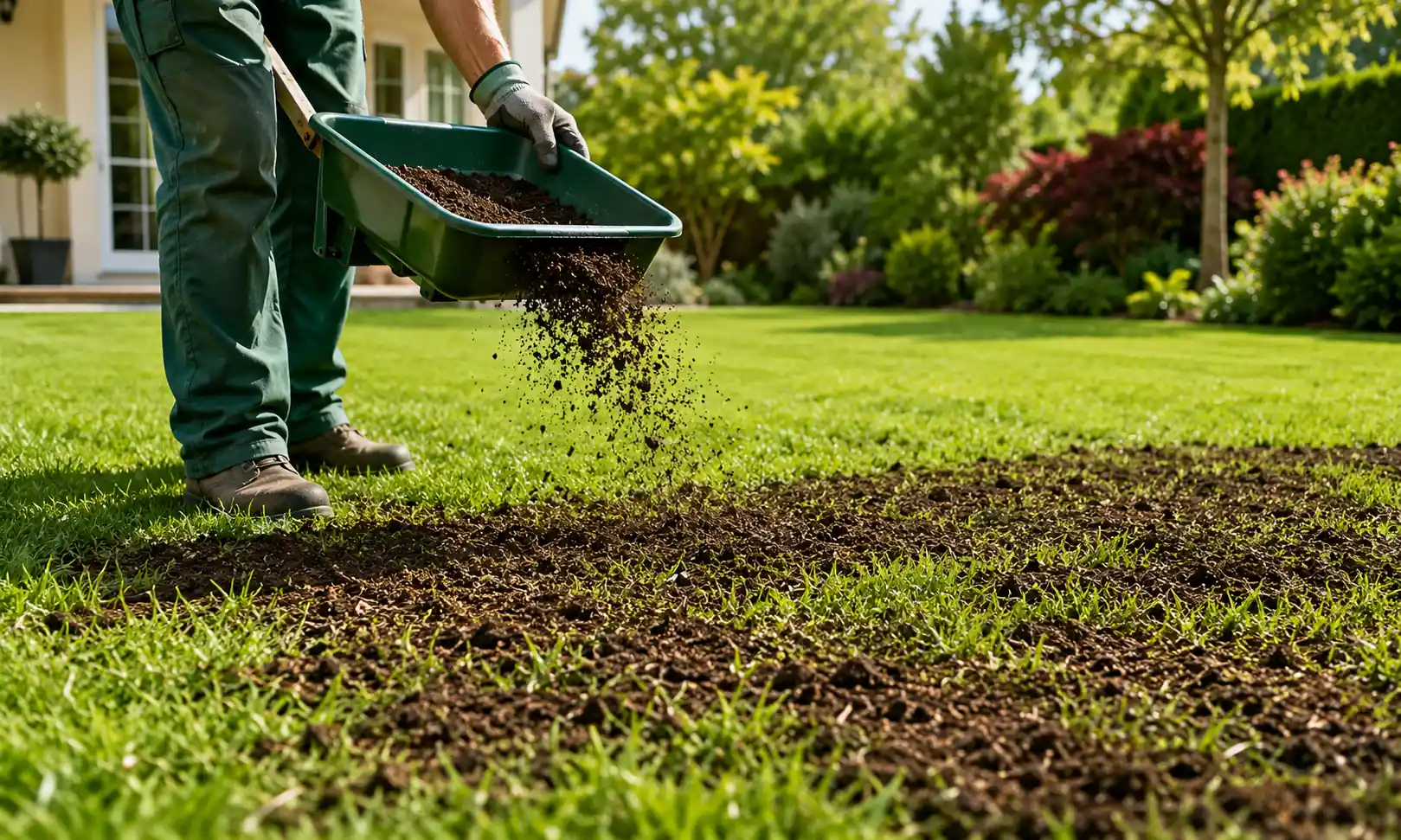 Jardinier épandant du compost mûr sur une pelouse verte dans un jardin résidentiel ensoleillé pour améliorer naturellement la densité et la santé du gazon.