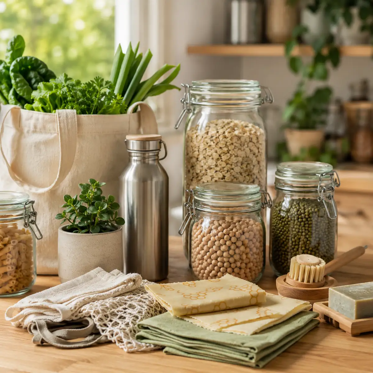 Bocaux en verre, sac réutilisable et produits naturels pour une consommation durable