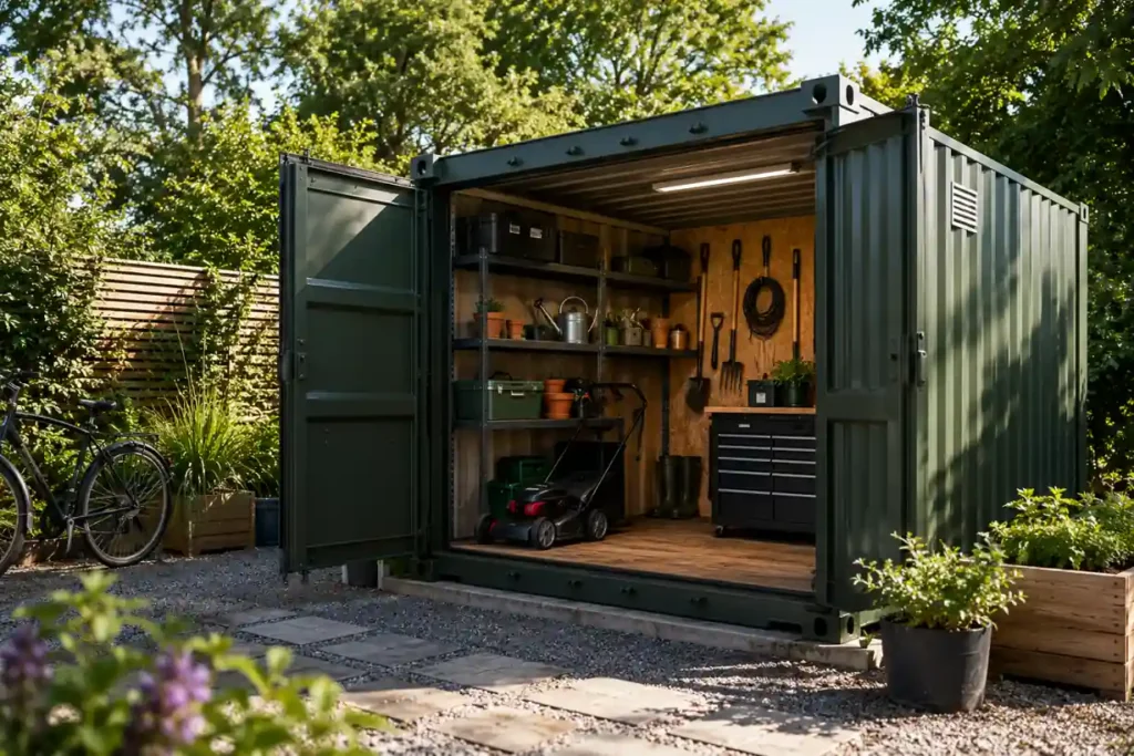 Container de jardin métallique aménagé en espace de stockage avec outils, tondeuse et étagères, installé dans un jardin paysager moderne.