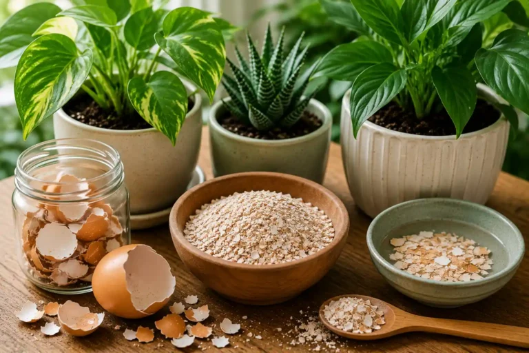 Coquilles d’œuf broyées dans un bol avec plantes d’intérieur en pot sur une table en bois.