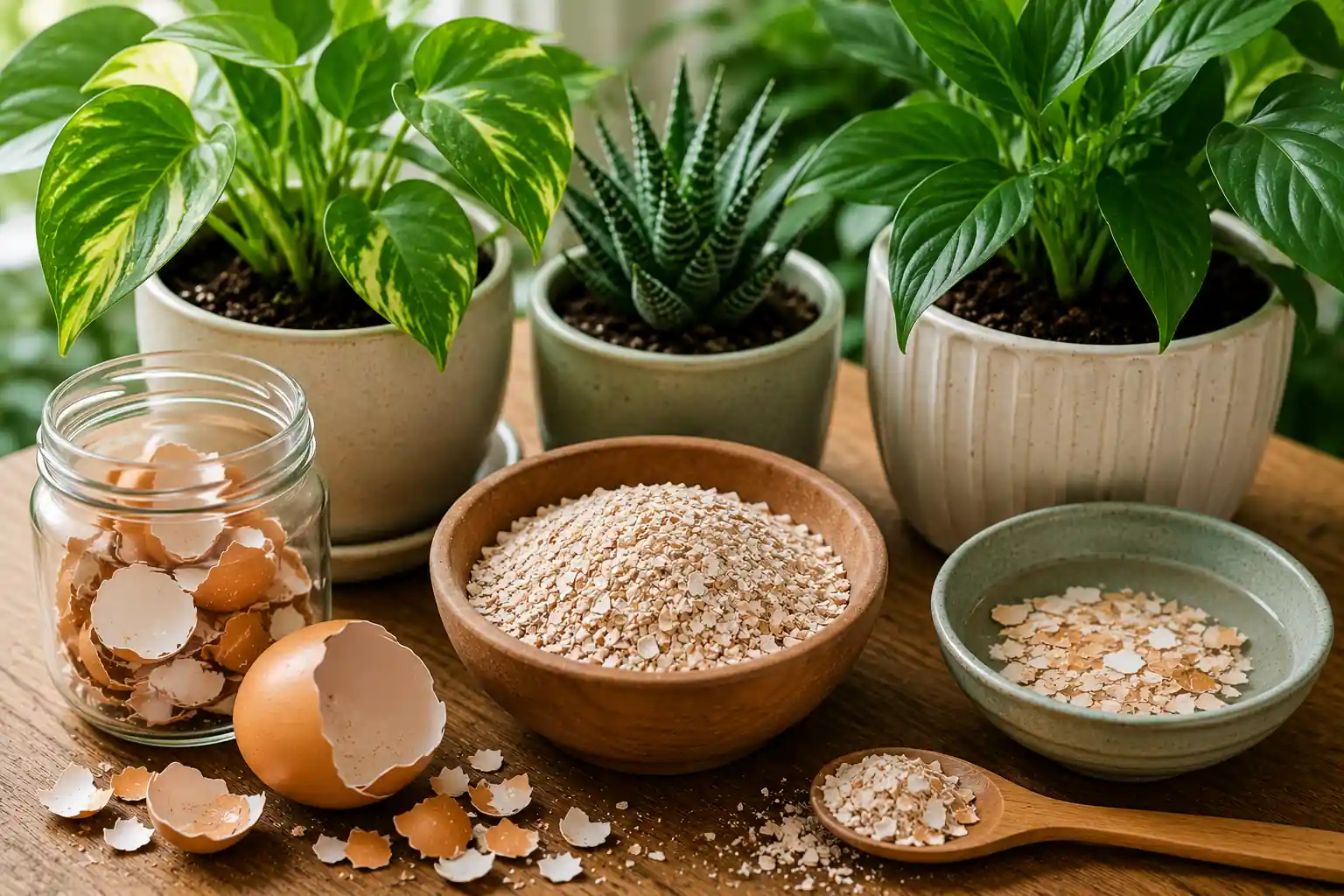 Coquilles d’œuf broyées dans un bol avec plantes d’intérieur en pot sur une table en bois.