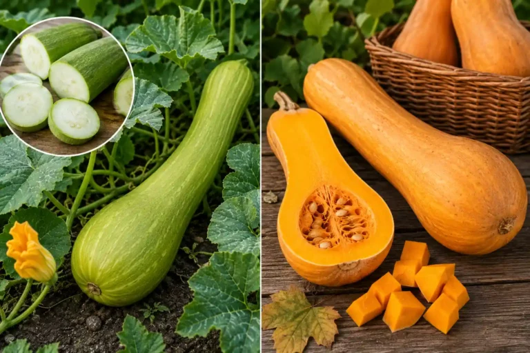 Courge verte longue de Nice au potager avec fruit immature vert et courge mûre à chair orange prête à cuisiner.