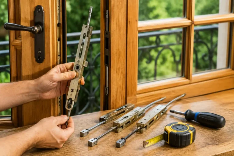 Remplacement d’une crémone sur une porte-fenêtre en bois avec mécanisme démonté et prise de mesures avant installation