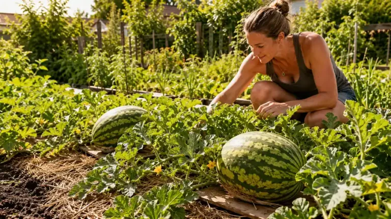 Plant de pastèque cultivé au potager avec fruits mûrs sur paillage et jardinière vérifiant la croissance en plein soleil.