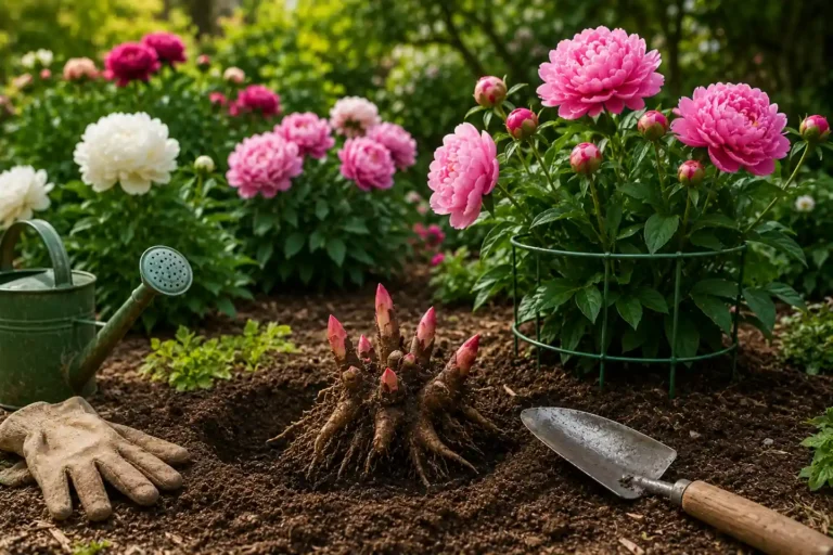 Rhizome de pivoine prêt à être planté dans un massif fleuri avec outils de jardinage et pivoines roses en arrière-plan.
