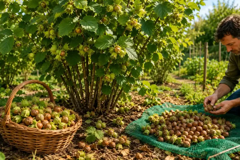Récolte de noisettes au pied d’un noisetier dans un jardin ensoleillé avec panier et filet de ramassage.