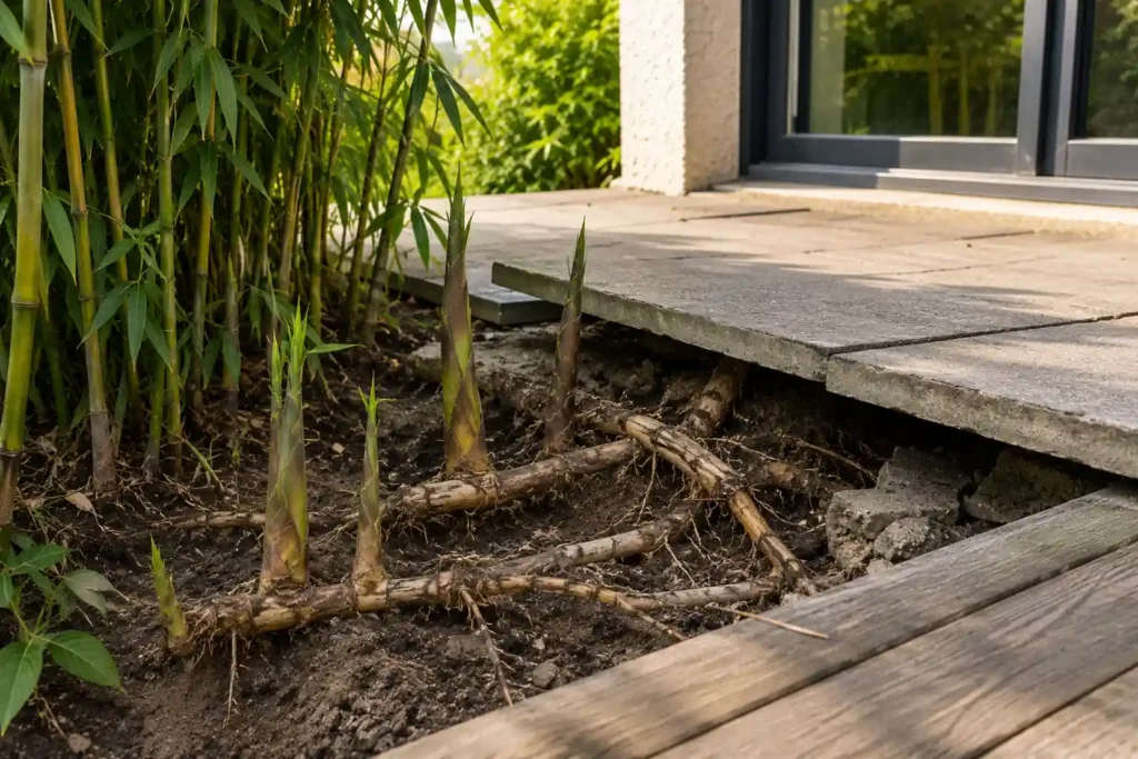 Une terrasse de maison soulevée par des rhizomes de bambou traçant, avec plusieurs jeunes pousses émergeant du sol à proximité des dalles déplacées.