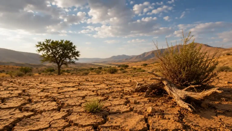 Désertification et biodiversité dans un paysage semi-aride avec sol dégradé, végétation clairsemée et signes d’érosion des terres