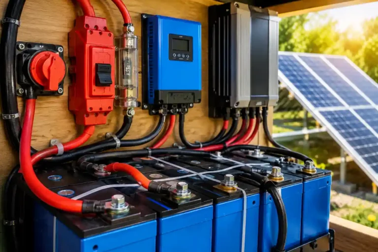 Installation solaire autonome avec batteries lithium, disjoncteur DC de protection, régulateur de charge et panneaux photovoltaïques en fonctionnement sous un fort ensoleillement.