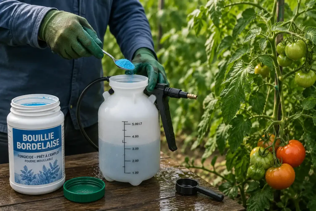 Préparation de bouillie bordelaise dans un pulvérisateur au potager devant des plants de tomates pour prévenir le mildiou