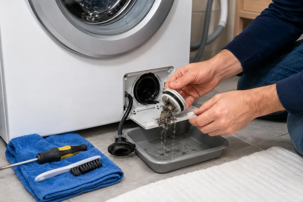 Nettoyage du filtre de vidange d’une machine à laver avec eau récupérée dans une bassine.