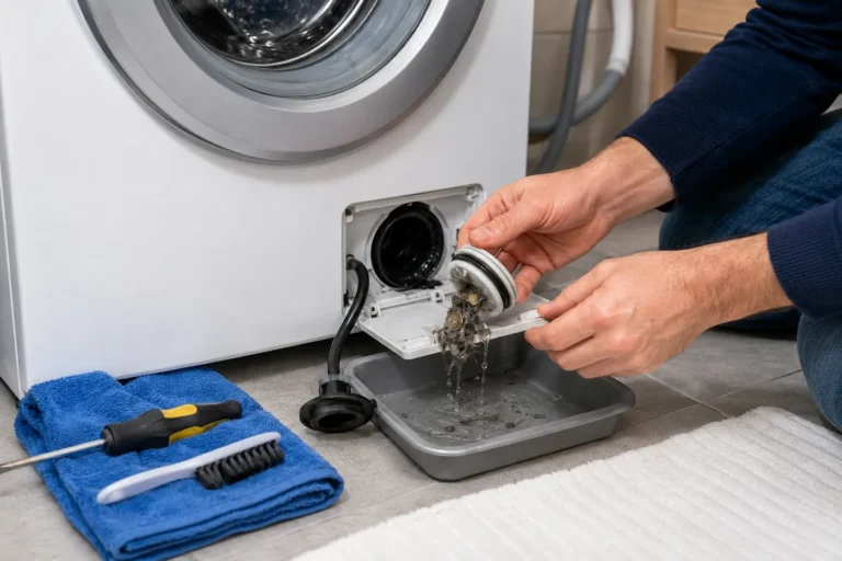 Nettoyage du filtre de vidange d’une machine à laver avec eau récupérée dans une bassine.