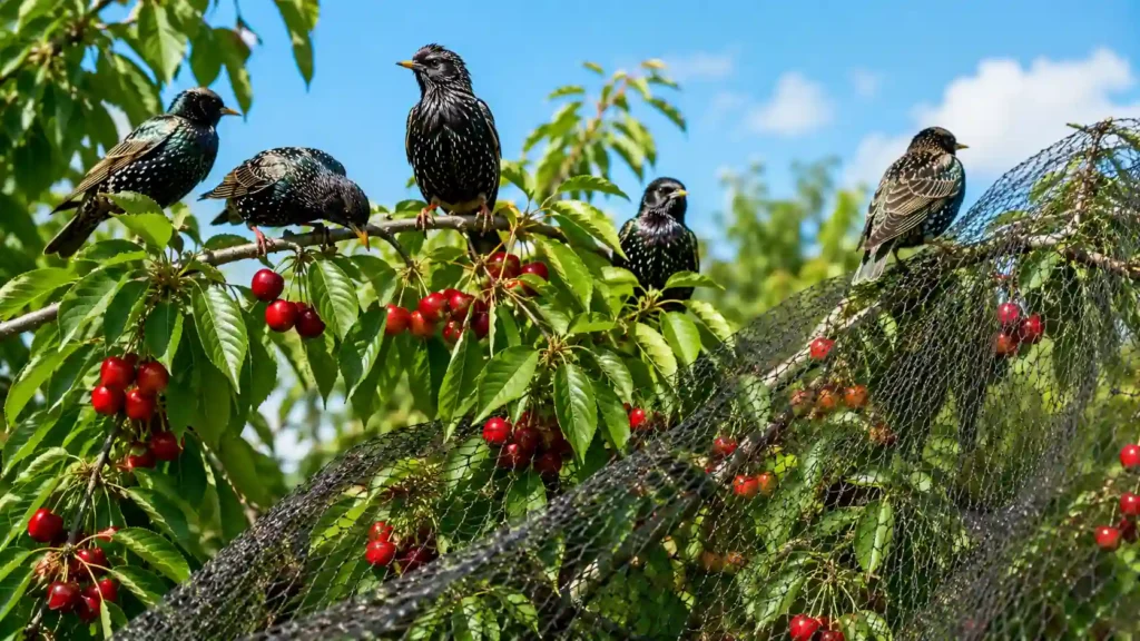 Éloigner les étourneaux dans un verger avec cerisier protégé par un filet anti-oiseaux et groupe d’étourneaux autour des fruits mûrs