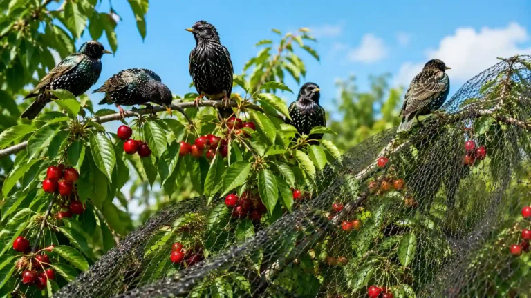 Éloigner les étourneaux dans un verger avec cerisier protégé par un filet anti-oiseaux et groupe d’étourneaux autour des fruits mûrs