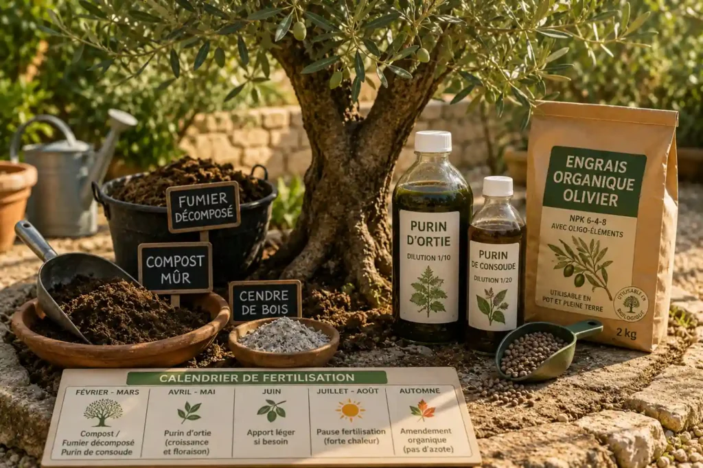 Olivier cultivé en plein soleil avec compost, fumier décomposé, purins naturels et engrais organique autour du tronc dans un jardin méditerranéen.