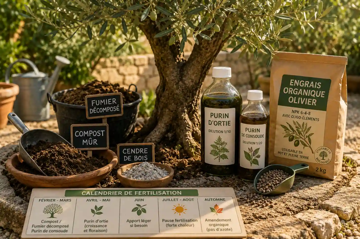 Olivier cultivé en plein soleil avec compost, fumier décomposé, purins naturels et engrais organique autour du tronc dans un jardin méditerranéen.