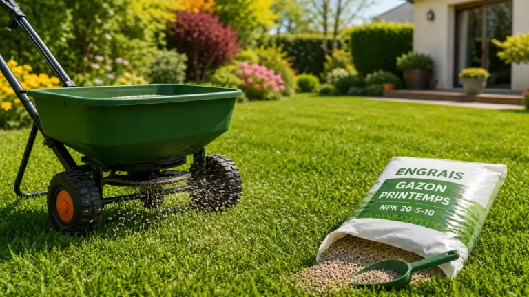 Application d’un engrais pelouse printemps sur un gazon vert avec épandeur dans un jardin résidentiel