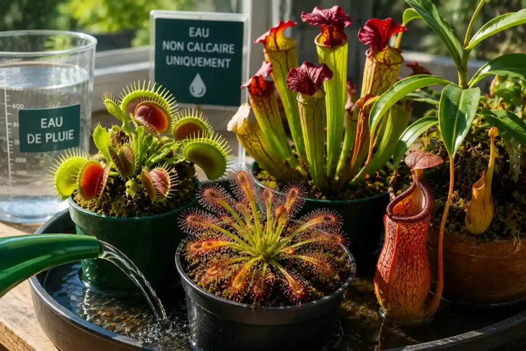 Plantes carnivores en pot arrosées avec de l’eau de pluie dans un environnement lumineux adapté à leur culture.