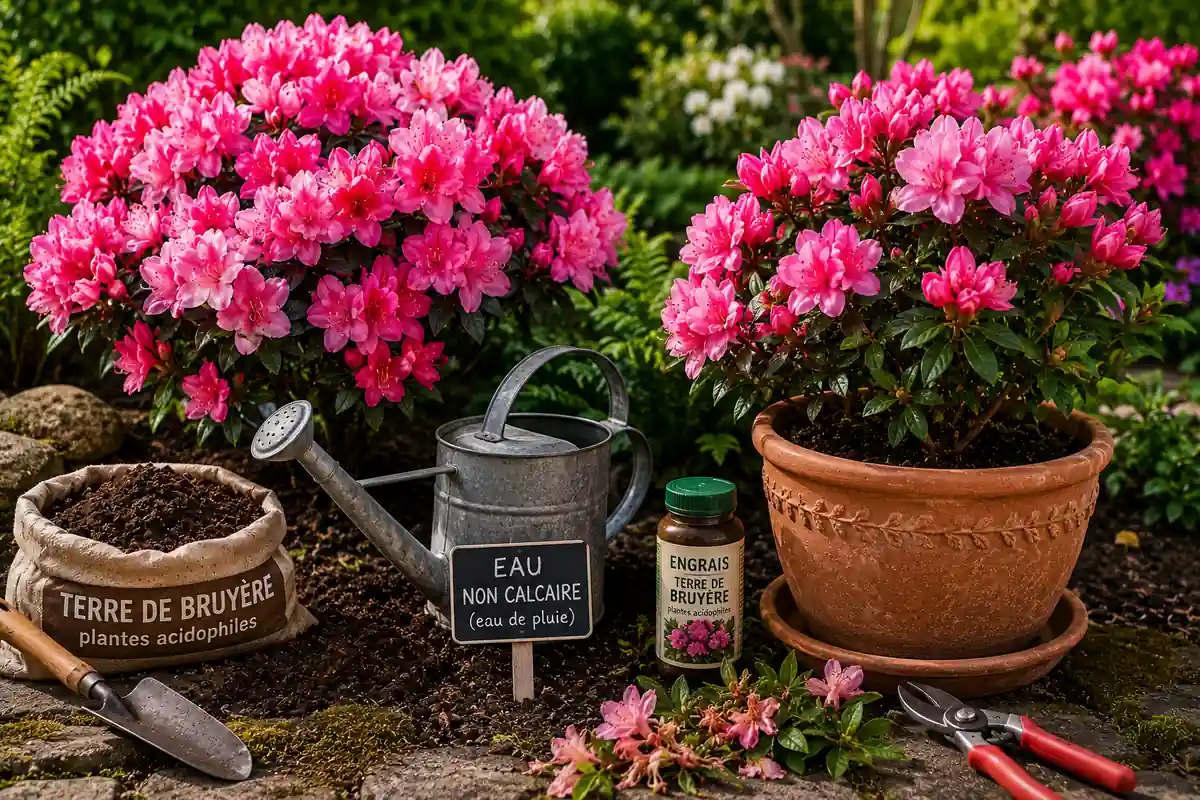 Azalée japonaise rose en pot dans un jardin ombragé avec arrosoir, terre de bruyère et outils de jardinage.